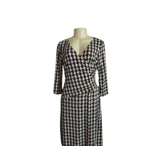 NWT, Evan-Picone Houndstooth Black & Ivory Ruche Faux Wrap Dress Size 8 - Picture 2 of 6